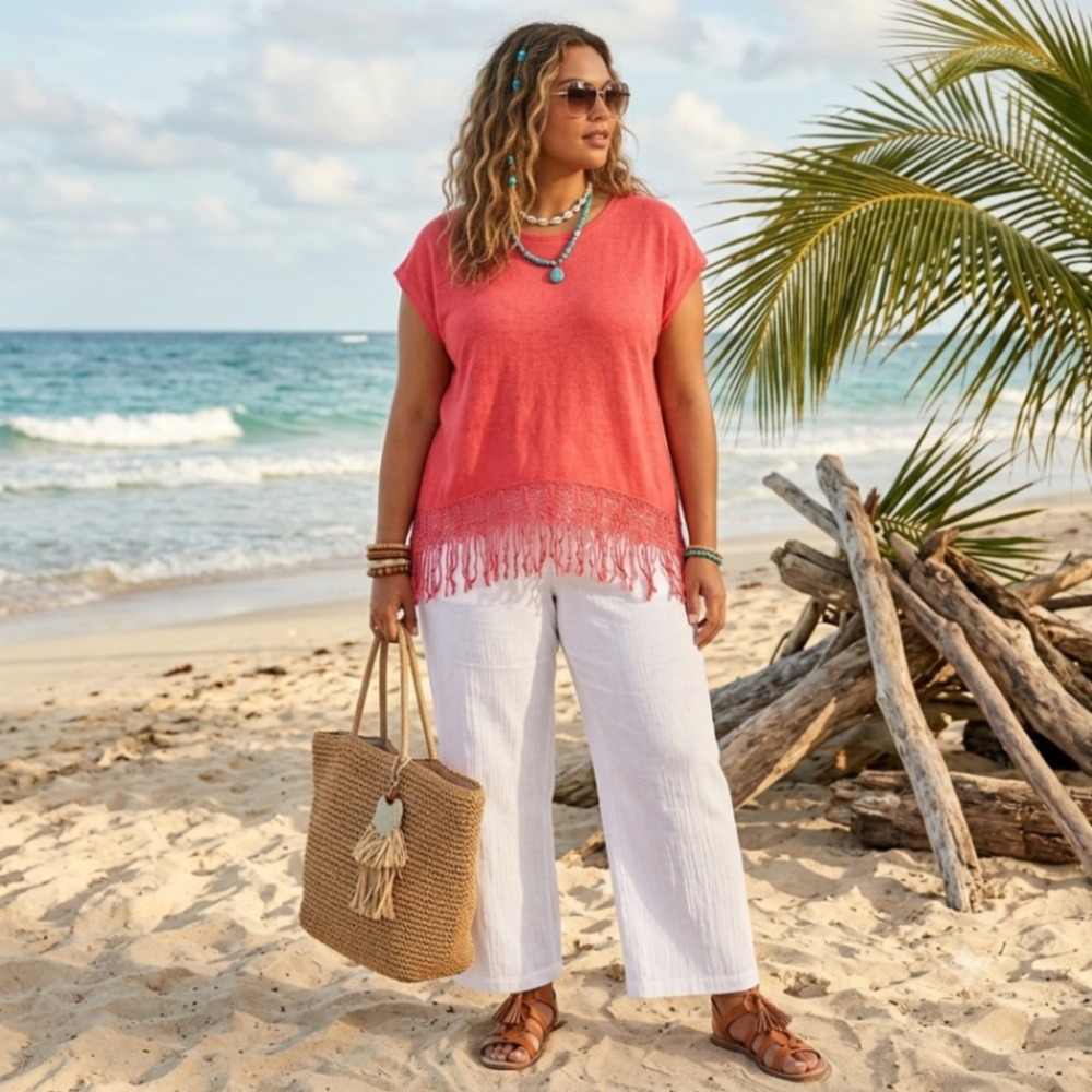 Cato Top Womens 18/20W Coral Crochet Fringe Hem Relaxed Boho Festival Aesthetic